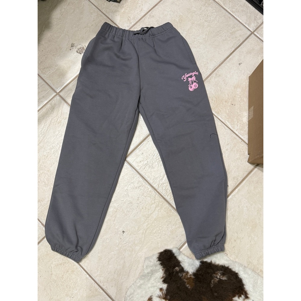 YoungLA W271 Soft Serve Joggers Gray Pink Cherry Sweatpants Women's Small NWOT